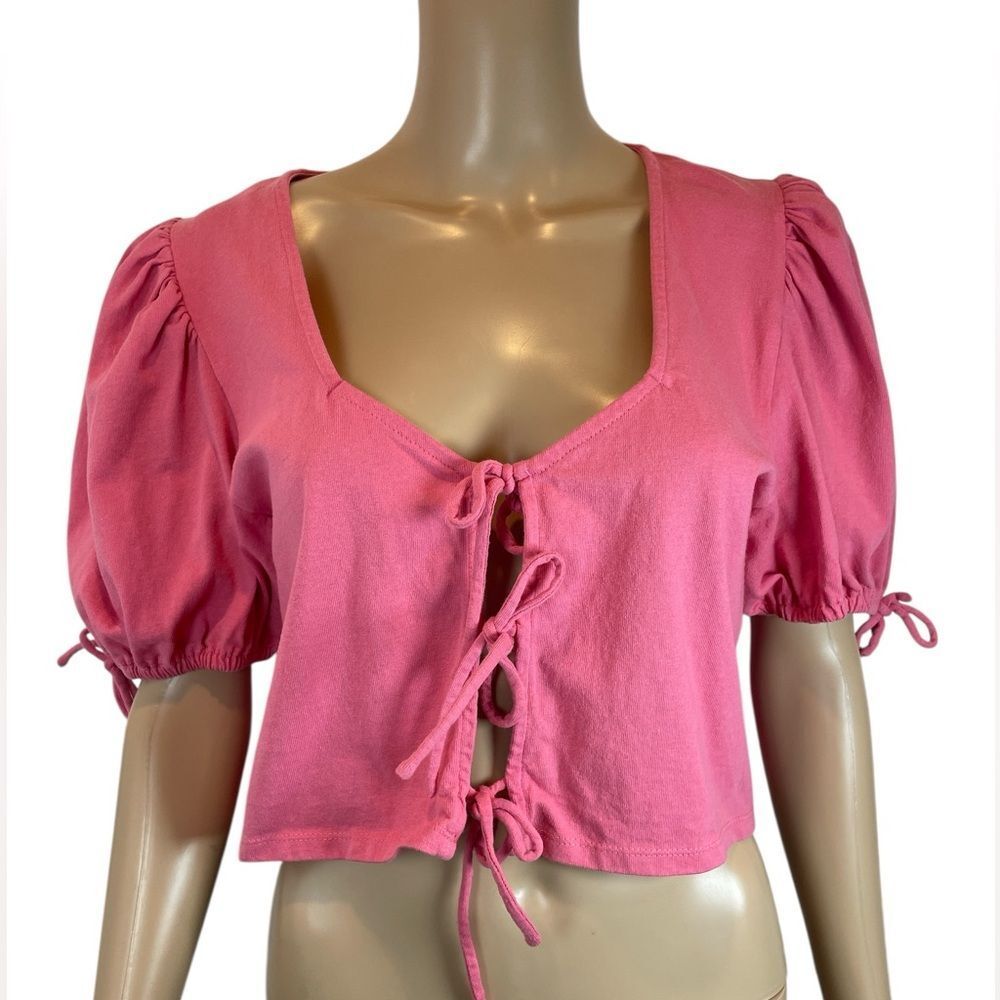 Free People Rose Pink Tie-Front Puff Sleeve Crop Top